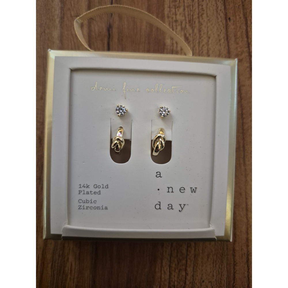 A New Day 2 Piece 14k Gold Plated Cubic Zirconia Earring Set Studs Hoops S31